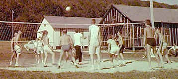 Volleyball game behind chapel